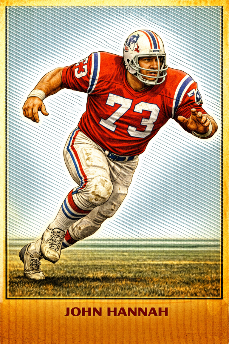 A vibrant, stylized color illustration of Pro Football Hall of Famer John Hannah in a dynamic charging pose. He wears the classic 'Pat Patriot' era red New England Patriots jersey with the number '73' in white. His silver helmet features the original hiking minuteman logo. He is shown mid-stride on a grass field against a background of blue diagonal lines. His name, 'JOHN HANNAH,' is printed in bold at the bottom.