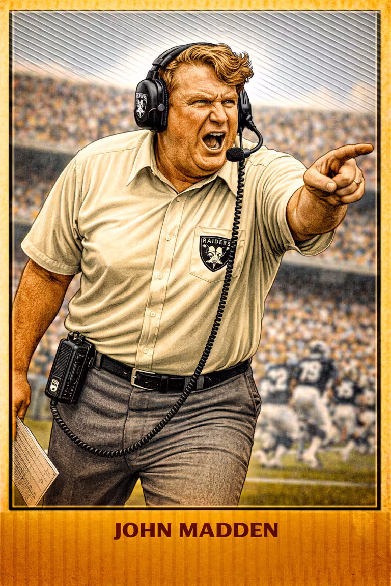 "A vibrant, stylized color illustration of legendary coach John Madden in a commanding sideline pose. He is wearing a cream-colored short-sleeved button-down shirt with the Oakland Raiders shield on the pocket, grey trousers, and a black sideline headset. He is shouting and pointing toward the field with his right hand while holding a play sheet in his left. A walkie-talkie is clipped to his belt, and blurred players are visible in the background. His name, 'JOHN MADDEN,' is printed in bold at the bottom."