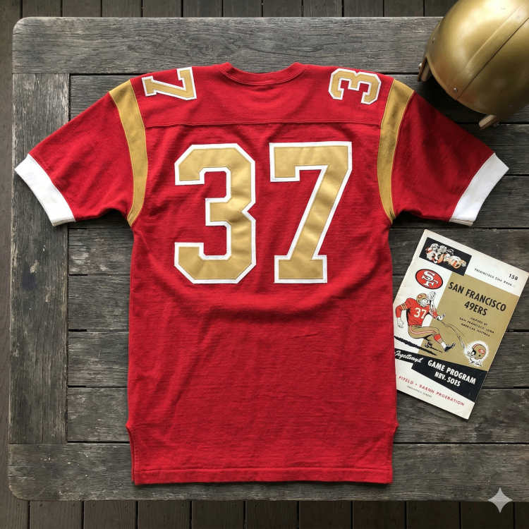A bright red vintage San Francisco 49ers jersey with the number '37' in gold with a white outline. The jersey features gold shoulder yokes and white sleeve cuffs. It is laid out on a dark wooden table next to a gold-painted helmet and a 1950s-style San Francisco 49ers game program. The program cover features an illustration of a player in a similar #37 jersey running with a football.