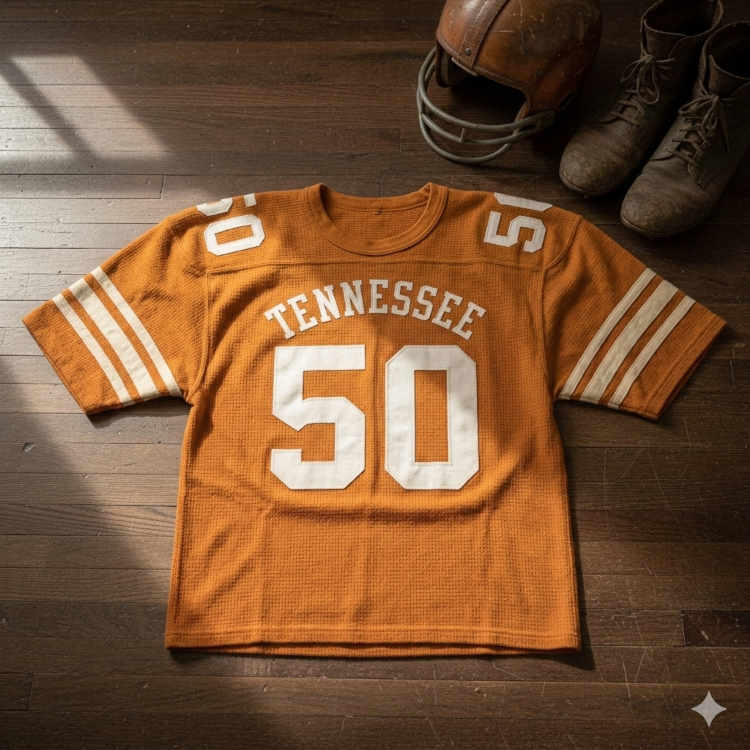 Vintage orange Tennessee #50 football jersey displayed on a wooden floor with a retro leather helmet and antique cleats.
