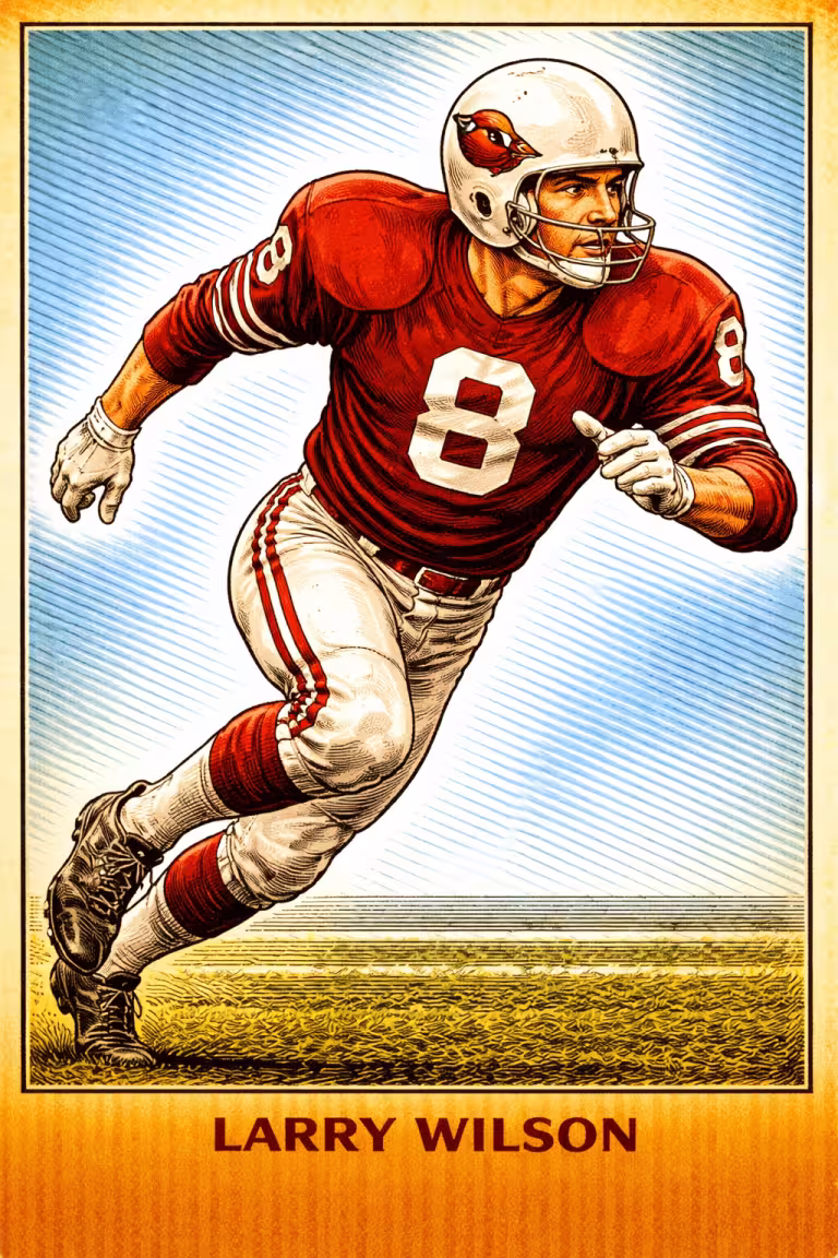 A vibrant, stylized color illustration of Pro Football Hall of Famer Larry Wilson in a dynamic sprinting pose. He wears a cardinal red St. Louis Cardinals jersey with the number '8' in white, white trousers with red stripes, and high-top black cleats. His white helmet features the classic cardinal head logo and a silver multi-bar facemask. He is shown mid-stride on a grass field against a background of blue diagonal lines. His name, 'LARRY WILSON,' is printed in bold at the bottom.