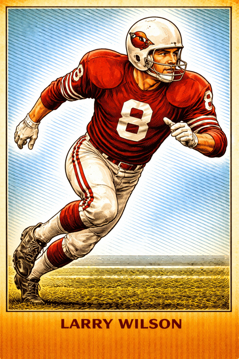 A vibrant, stylized color illustration of Pro Football Hall of Famer Larry Wilson in a dynamic sprinting pose. He wears a cardinal red St. Louis Cardinals jersey with the number '8' in white, white trousers with red stripes, and high-top black cleats. His white helmet features the classic cardinal head logo and a silver multi-bar facemask. He is shown mid-stride on a grass field against a background of blue diagonal lines. His name, 'LARRY WILSON,' is printed in bold at the bottom.