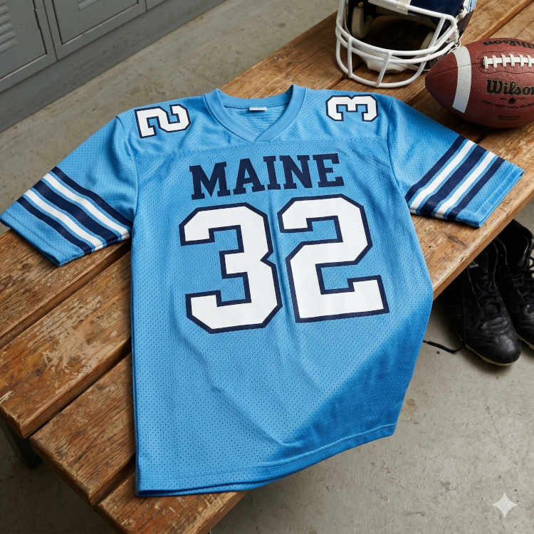 A flat-lay of light blue Maine Black Bears football gear on a rustic wooden locker room bench. The mesh jersey features 'MAINE' and the number '32' in white block lettering with navy trim. Accompanying the jersey are a white helmet with navy stripes, a Wilson football, and a pair of black cleats on the concrete floor below.