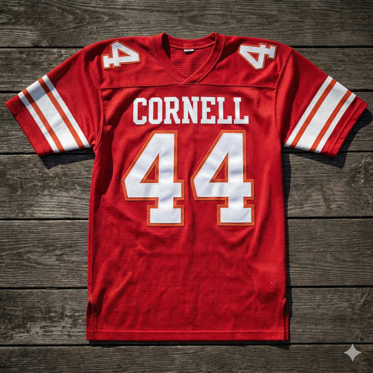 A bright red Cornell University football jersey featuring the number '44' in white with a thin orange outline. The word 'CORNELL' is printed in white block letters across the chest. The jersey has white and red striped sleeve cuffs and shoulder numbers. It is displayed flat on a rustic grey wooden boardwalk or deck in direct sunlight.