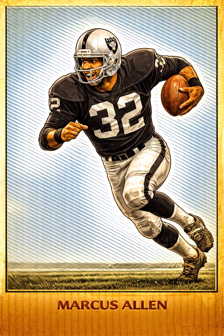 A vibrant, stylized color illustration of Pro Football Hall of Famer Marcus Allen in a dynamic running pose. He wears the classic black Los Angeles Raiders jersey with the number '32' in white, white trousers, and dark socks. His silver helmet features the iconic Raiders pirate logo and a silver multi-bar facemask. He is shown mid-stride on a grass field against a background of blue diagonal lines. His name, 'MARCUS ALLEN,' is printed in bold at the bottom.