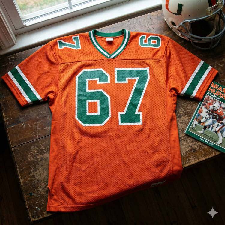 A flat-lay photograph of an orange mesh football jersey displayed on a weathered wooden surface by a window. The jersey features the number '67' in large green block digits with a white outline on the chest and shoulders. The V-neck and sleeves are accented with green and white stripes. A white Riddell helmet with the orange and green 'U' logo and a 1980s Miami Hurricanes game program are positioned next to the jersey.