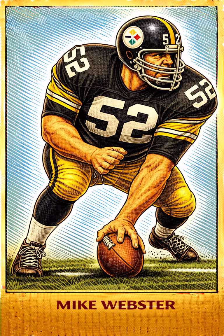 Stylized color illustration of Steelers' legend Mike Webster #52 in a classic football pre-snap pose.