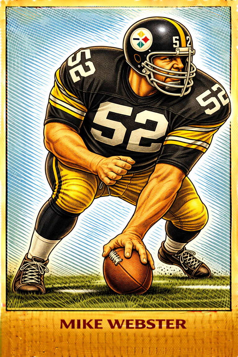 Stylized color illustration of Steelers' legend Mike Webster #52 in a classic football pre-snap pose.