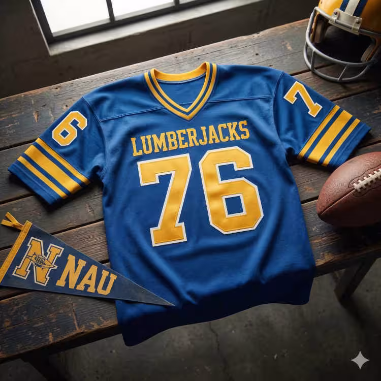 A flat-lay photograph of a blue Northern Arizona University football jersey on a rustic wooden table. The jersey features 'LUMBERJACKS' and the number '76' in gold block lettering with a white outline. It is displayed alongside a blue and gold NAU pennant, a classic leather football, and a gold helmet with a blue stripe.