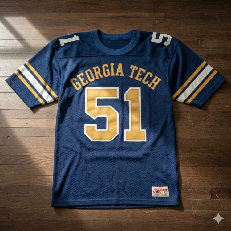 A flat-lay photograph of a navy blue mesh football jersey displayed on a dark wood-plank floor. The jersey features the team name 'GEORGIA TECH' arched in gold block letters above the number '51' in large gold digits with a white outline. The sleeves are accented with two gold-and-white horizontal stripes, and a vintage Rawlings jock tag is visible at the lower right hem.