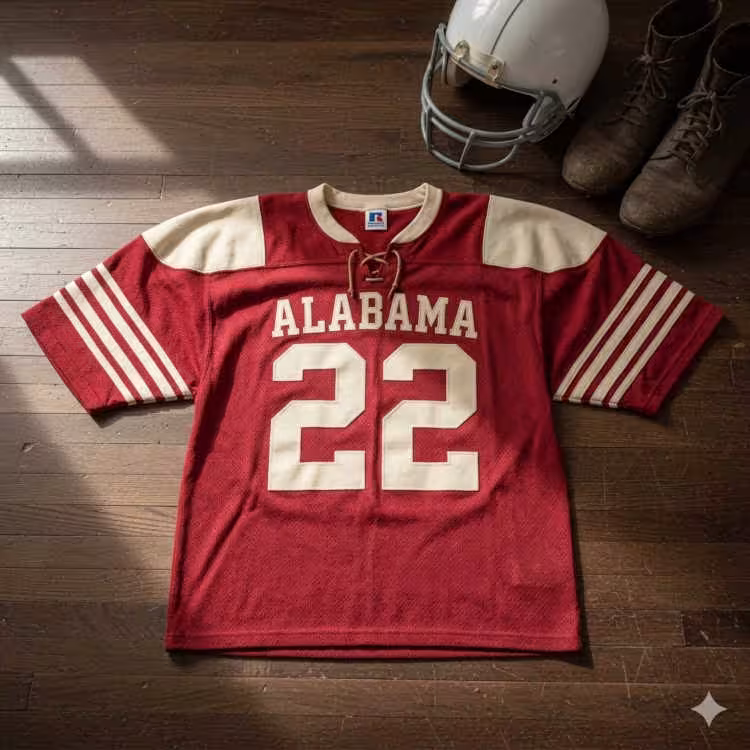 Image of a red Alabama football Jersey number 22 with a white football helmet and old cleats.