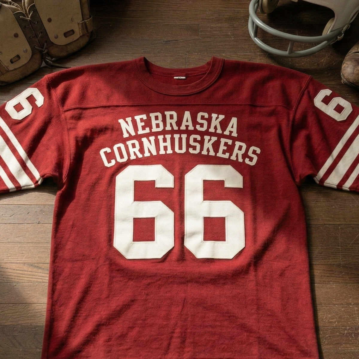 Image of a Red Nebraska Cornhuskers football Jersey number 66 with a football helmet and old cleats.