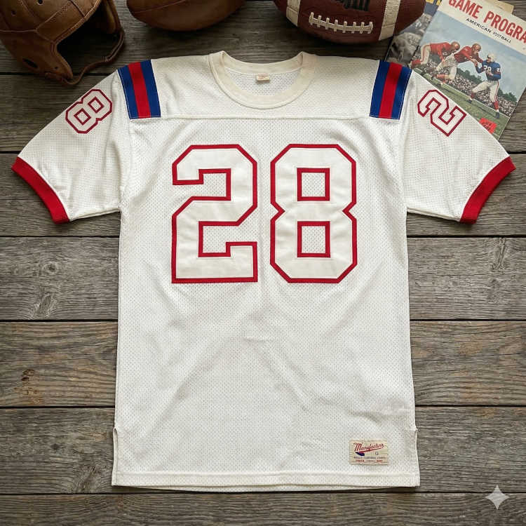 A flat-lay photograph of a white mesh football jersey with the number '28' in large red block digits with a white outline. The jersey features red-and-blue striped shoulder yokes, red-trimmed sleeve cuffs, and small numbers on the sleeves. It is displayed on a weathered wooden surface along with a vintage leather helmet, two leather footballs, and a vintage game program.