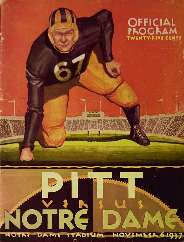 Cover of the official football program for the Pittsburgh vs. Notre Dame game on November 6, 1937. It features a vintage illustration of a player in a blue and gold uniform running with a football, with 'Notre Dame vs. Pittsburgh' and the date printed in bold text.