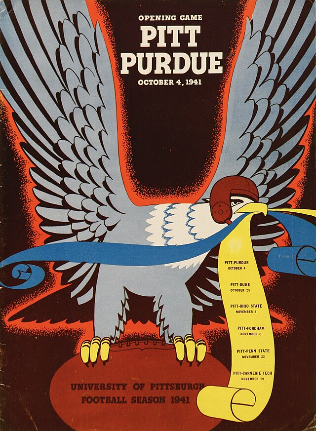 The front cover of the official 1941 football program for the University of Pittsburgh versus Purdue University 'Opening Game.' The stylized color illustration features a large blue-and-white eagle wearing a brown leather football helmet. The eagle is perched on a football and holds a yellow scroll in its beak, which lists Pitt's 1941 home schedule, including games against Duke, Ohio State, Fordham, Penn State, and Carnegie Tech.