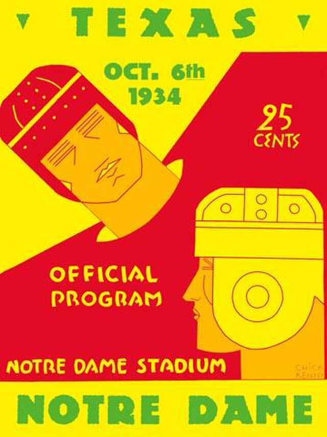 An Art Deco-style official football program cover for the Texas vs. Notre Dame game at Notre Dame Stadium on October 6, 1934. The vibrant red and yellow design features stylized, geometric illustrations of two football players' heads in leather helmets. The text 'TEXAS' and 'NOTRE DAME' are prominently displayed in a blocky green font.