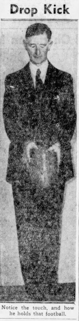 black and white newspaper image of 1934 image of O'Dea posing in punt formation. San Francisco Chronicle