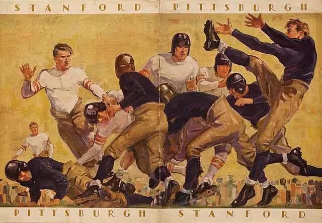 A beautiful panoramic illustration from the official 1928 Rose Bowl souvenir program for the Pittsburgh versus Stanford game. The artwork displays a high-action scene of several players in a pile-up, with a Stanford punter in a navy blue jersey kicking the ball high into the air. The players wear a mix of white jerseys with red arm stripes and navy blue jerseys with tan pants. The headers and footers of the program clearly label 'STANFORD PITTSBURGH' and 'PITTSBURGH STANFORD' in elegant gold serif lettering.