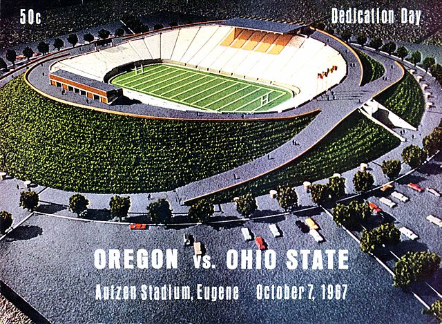 The front cover of the official game program for the Oregon vs. Ohio State matchup on October 7, 1967. The artwork features an aerial architectural rendering of Autzen Stadium in Eugene for its 'Dedication Day.' The stadium is shown as a modern bowl nestled into a green hillside, with a parking lot full of vintage cars in the foreground.