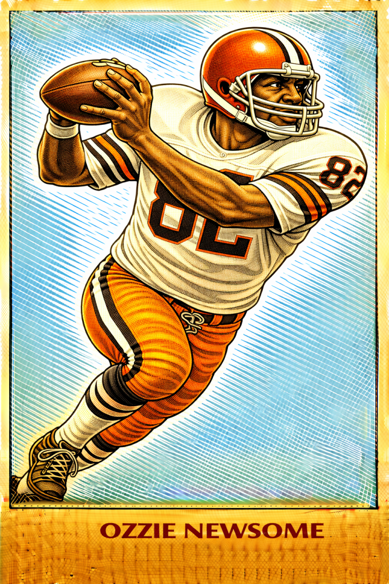 Stylized color illustration of Cleveland legend Ozzie Newsome #82 in a classic football throwing pose.