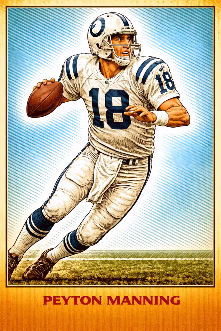 A vibrant, stylized color illustration of Pro Football Hall of Famer Peyton Manning in a classic passing pose. He wears the white Indianapolis Colts home jersey with the number '18' in royal blue. His white helmet features the iconic blue horseshoe logo and a gray multi-bar facemask. He is shown mid-stride on a grass field against a background of light blue diagonal lines. His name, 'PEYTON MANNING,' is printed in bold at the bottom.