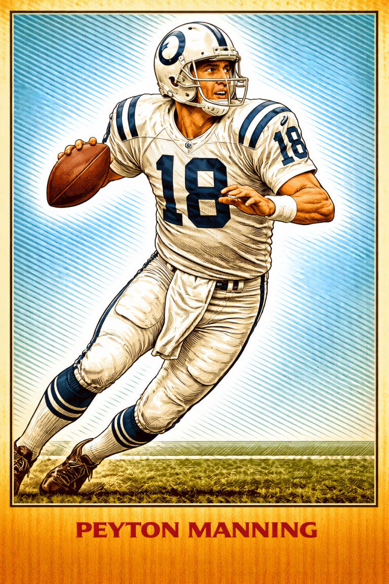 A vibrant, stylized color illustration of Pro Football Hall of Famer Peyton Manning in a classic passing pose. He wears the white Indianapolis Colts home jersey with the number '18' in royal blue. His white helmet features the iconic blue horseshoe logo and a gray multi-bar facemask. He is shown mid-stride on a grass field against a background of light blue diagonal lines. His name, 'PEYTON MANNING,' is printed in bold at the bottom.