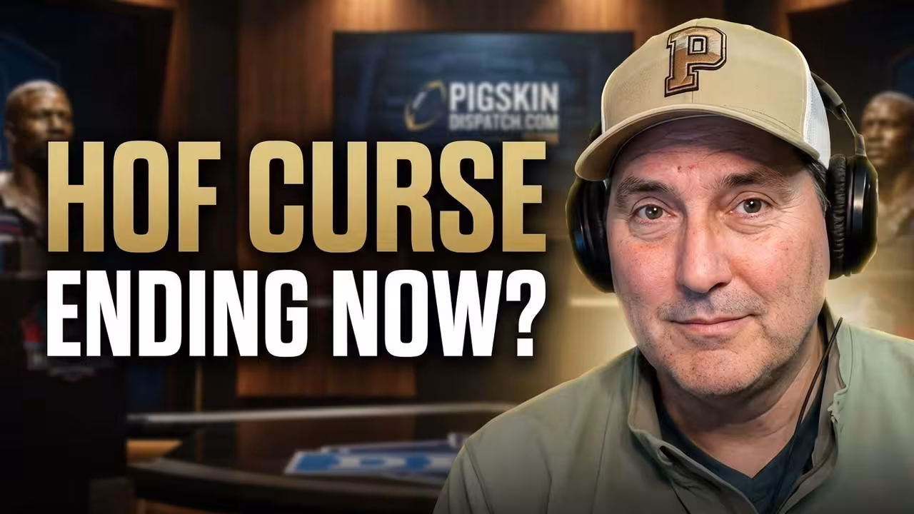 color image of Darin Hayes with his famous Pigskin Dispatch "P" tan cap ponders the term"HOF Curse ending Now"" in a dark background