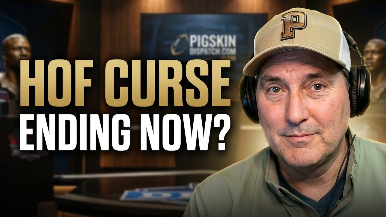 color image of Darin Hayes with his famous Pigskin Dispatch "P" tan cap ponders the term"HOF Curse ending Now"" in a dark background