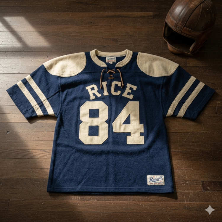 A flat-lay photograph of a vintage navy blue wool football jersey on a dark wood-plank floor. The jersey features a lace-up collar, cream-colored shoulder yokes, and the name 'RICE' arched over the number '84' in large cream felt digits. Two cream stripes accent the sleeves, and a vintage Russell Athletic jock tag is visible at the lower right. A classic leather helmet sits in the upper right corner.