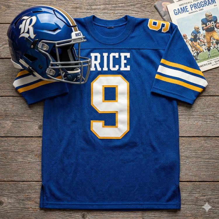 A flat-lay of Rice Owls football memorabilia on a rustic wood surface. It features a bright blue mesh jersey with 'RICE' and the number '9' in white block lettering with gold outlines. A modern blue chrome helmet with a silver 'R' logo sits to the left, and a vintage 1985 game program is positioned in the upper right corner.