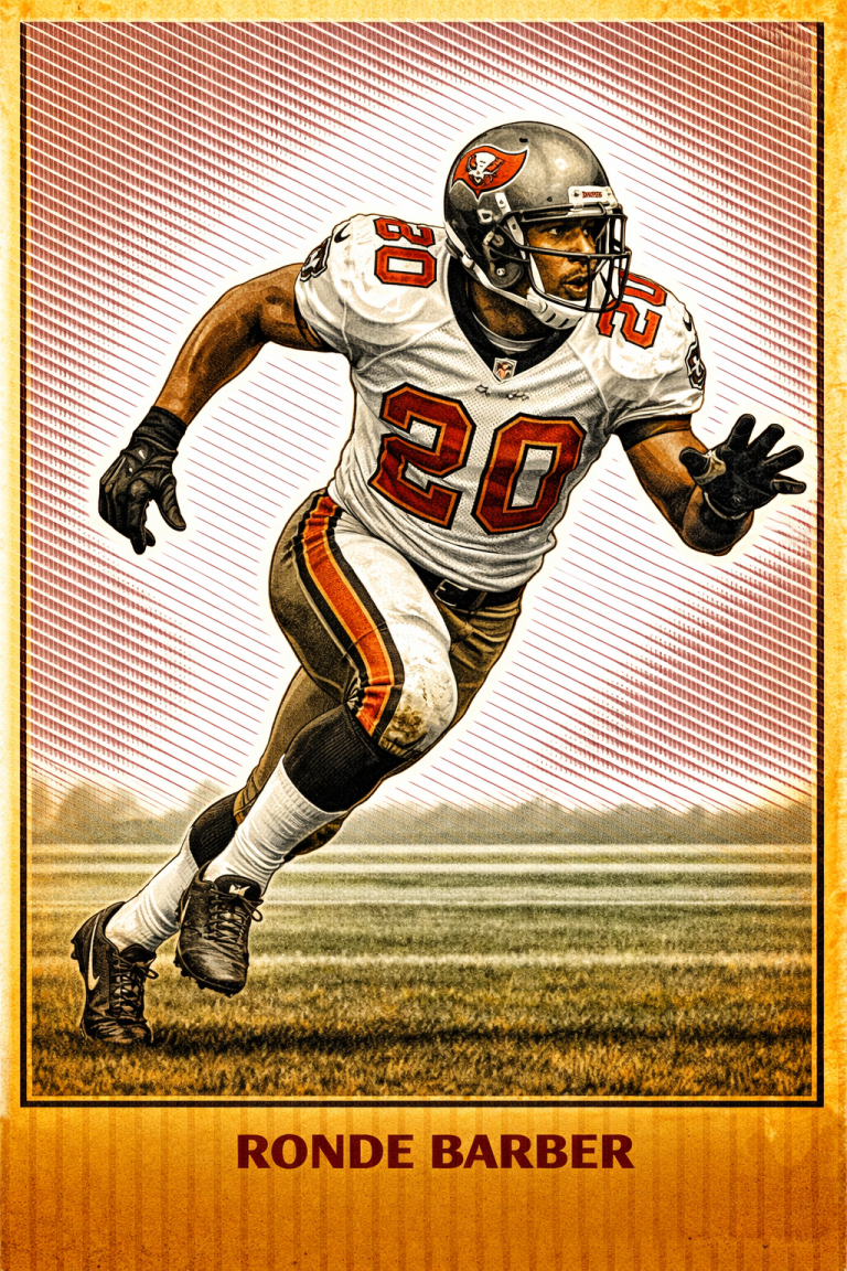 A vibrant, stylized color illustration of Pro Football Hall of Famer Ronde Barber in a dynamic sprinting pose. He wears the Tampa Bay Buccaneers' 'Pewter and Red' era white away jersey with the number '20' in red and black. His pewter helmet features the iconic wind-swept pirate flag logo. He is shown mid-stride on a grass field against a background of red diagonal lines. His name, 'RONDE BARBER,' is printed in bold at the bottom.