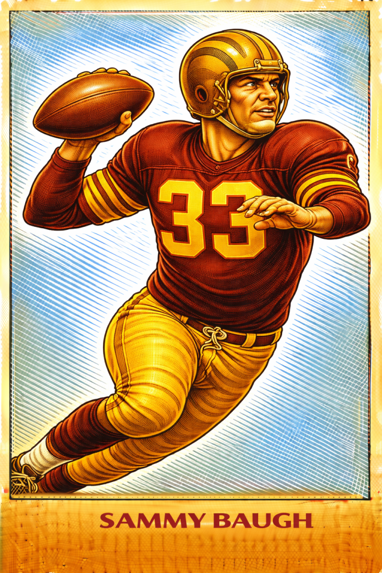 Stylized color illustration of Washington legend Sammy Baugh #33 in a classic football throwing pose.