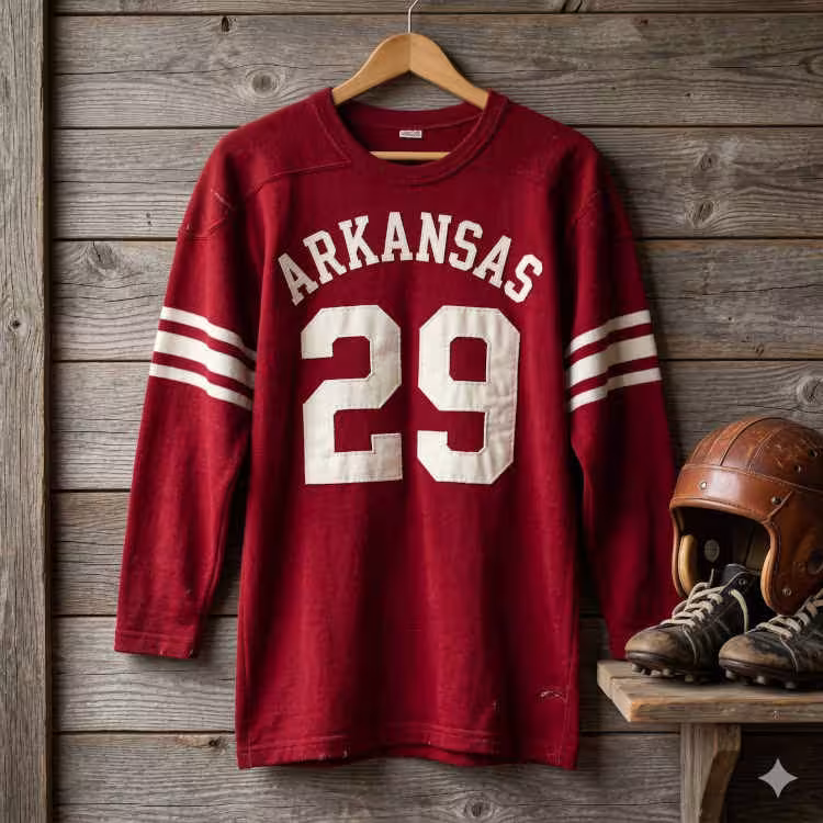 A cardinal red vintage Arkansas football jersey hanging on a wooden hanger against a rustic wood-plank wall. The jersey features 'ARKANSAS' arched in white felt letters over the number '29'. The long sleeves include two white horizontal stripes. On a shelf to the right sit a weathered leather helmet and a pair of scuffed vintage black leather cleats.