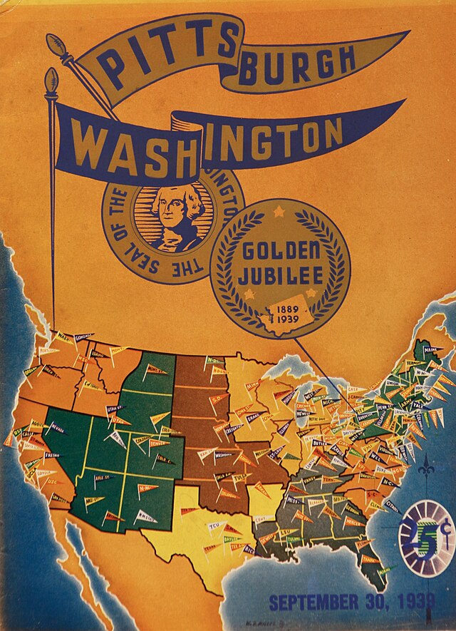 A vibrant, multi-colored football program cover for the September 30, 1939, game between Pittsburgh and Washington. The top features two large pennants—one for 'PITTSBURGH' and one for 'WASHINGTON'—above seals for George Washington and a 'GOLDEN JUBILEE (1889-1939).' The bottom half shows a colorful map of the United States, densely populated with small collegiate pennants for various universities across the country. The price '25¢' is in a stylized circle at the bottom right.