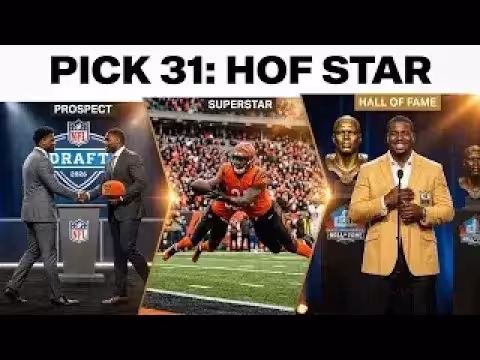 A three-panel digital composite titled 'PICK 31: HOF STAR.' The left panel, labeled 'PROSPECT,' shows a young man in a grey suit shaking hands on the NFL Draft stage. The middle panel, labeled 'SUPERSTAR,' depicts a player in an orange and black Cincinnati Bengals uniform making a diving catch. The right panel, labeled 'HALL OF FAME,' shows the same individual in a gold Pro Football Hall of Fame jacket, smiling at a podium next to his bronze bust.