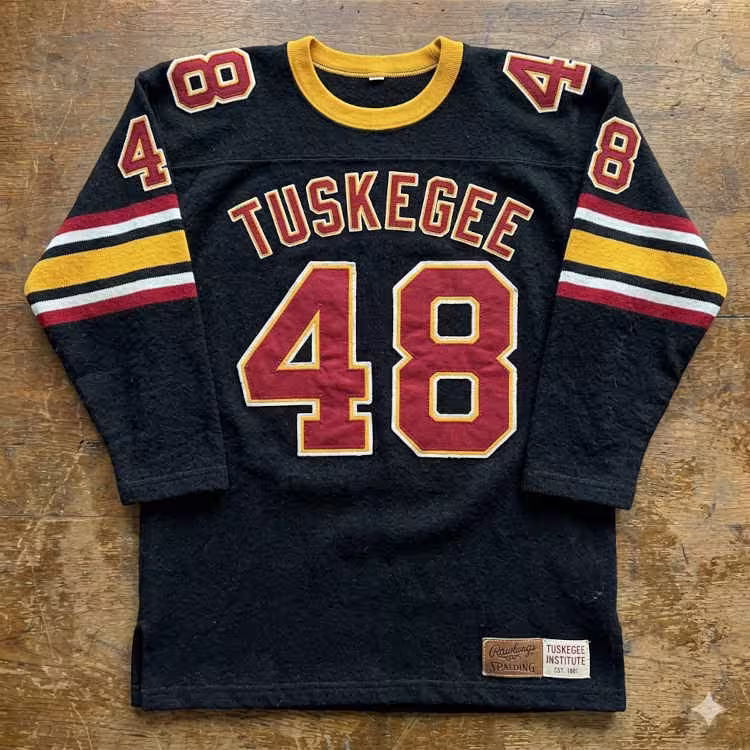 A flat-lay photograph of a vintage black wool football jersey displayed on a weathered wooden surface. The jersey features a gold ribbed crew neck and the name 'TUSKEGEE' arched in maroon felt letters with gold outlines above the number '48.' The sleeves have bold maroon, gold, and white horizontal stripes, with numbers '4' and '8' displayed on the shoulders. Dual 'Rawlings/Spalding' and 'Tuskegee Institute Est. 1881' jock tags are visible at the bottom hem.