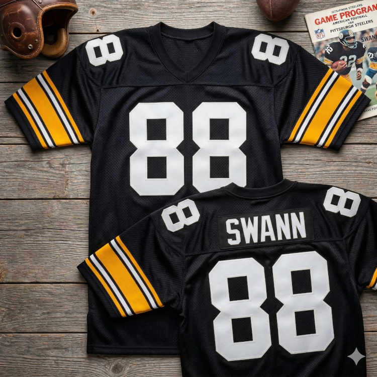 A flat-lay photograph of Pittsburgh Steelers memorabilia on a weathered wood surface. Two black mesh jerseys feature the number 88 in large white block digits; the jersey in the foreground shows the name 'SWANN' on the back. Surrounding the jerseys are a vintage leather helmet, a small leather football, and a 1975 game program.