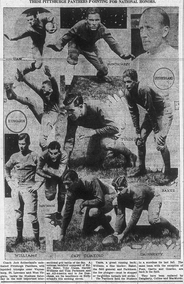 A vintage black-and-white newspaper sports collage from 1929 titled 'These Pittsburgh Panthers Pointing for National Honors.' The image features several action poses and portraits of players from Coach Jock Sutherland's undefeated team, including Montgomery, Edwards, Tully, Baker, Williams, Parkinson, Capt. DiMeolo, and Daugherty. A detailed caption at the bottom describes the team's prospects ahead of a game against the Nebraska Cornhuskers.