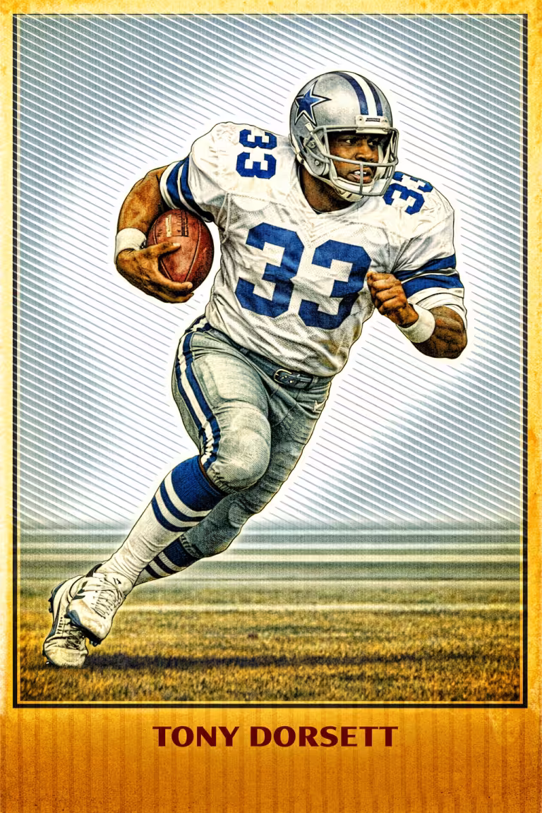 A vibrant, stylized color illustration of Pro Football Hall of Famer Tony Dorsett in a dynamic, high-stepping running pose. He wears a white Dallas Cowboys jersey with the number '33' in royal blue on the chest and shoulders. His silver helmet features the iconic blue star logo and a silver multi-bar facemask. He is shown mid-stride on a grass field against a background of blue diagonal lines. His name, 'TONY DORSETT,' is printed in bold at the bottom.