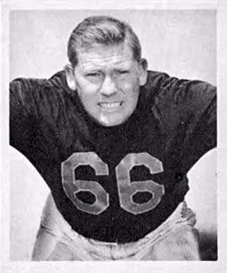 Black and white head shot of Chicago Bears legend number 66 Clyde Bulldog Turner, National Football League player Bulldog Turner depicted with the Chicago Bears on a 1948 Bowman Gum football trading card