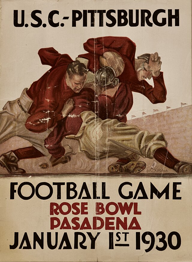 A vintage, illustrated game program for the January 1, 1930, Rose Bowl between USC and Pittsburgh. The cover features a group of players in a realistic, physical struggle for the ball, rendered in deep crimson and tan. The players wear leather helmets and heavy canvas trousers. The text 'U.S.C. - PITTSBURGH' and 'FOOTBALL GAME' is printed in bold, black Art Deco lettering, while 'ROSE BOWL PASADENA JANUARY 1ST 1930' is highlighted in red and black at the bottom. The artist's signature 'John R. Roberts' is visible near the bottom right of the illustration.