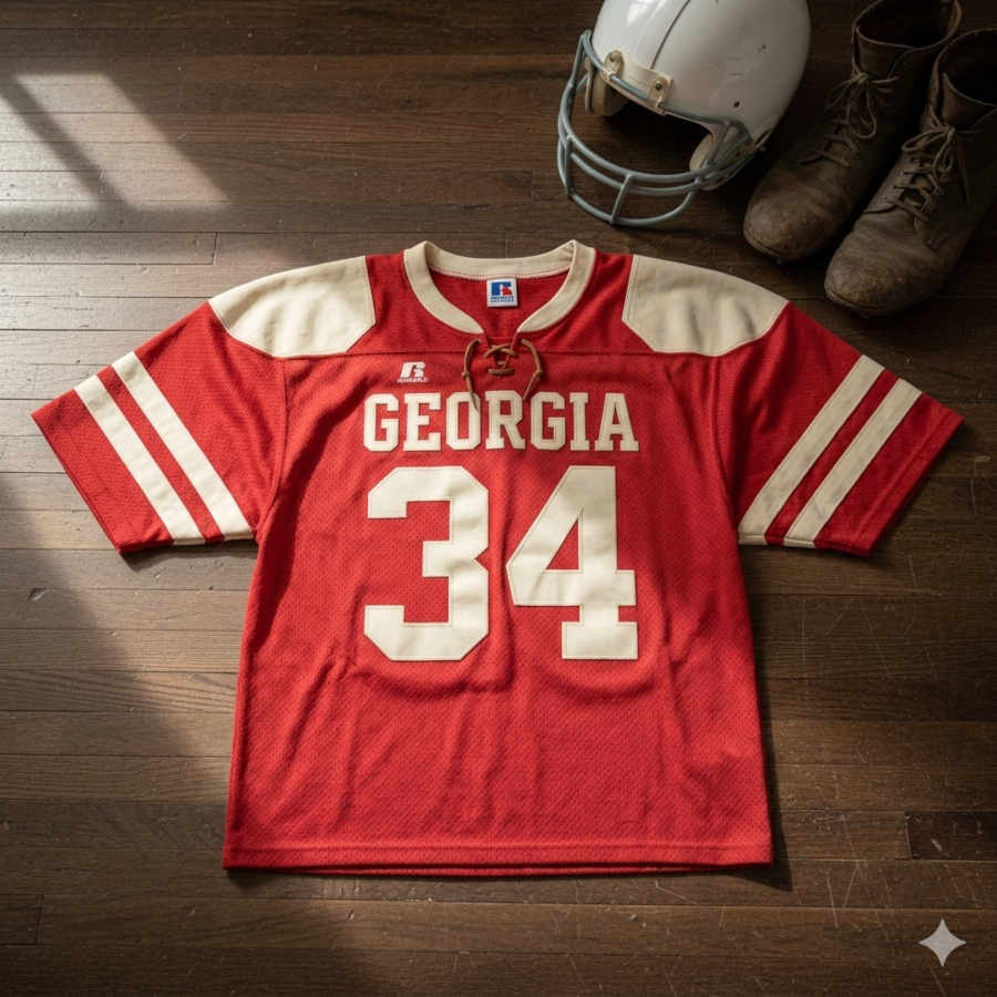 Image of a red Georgia football Jersey number 34 with a football helmet and old cleats.