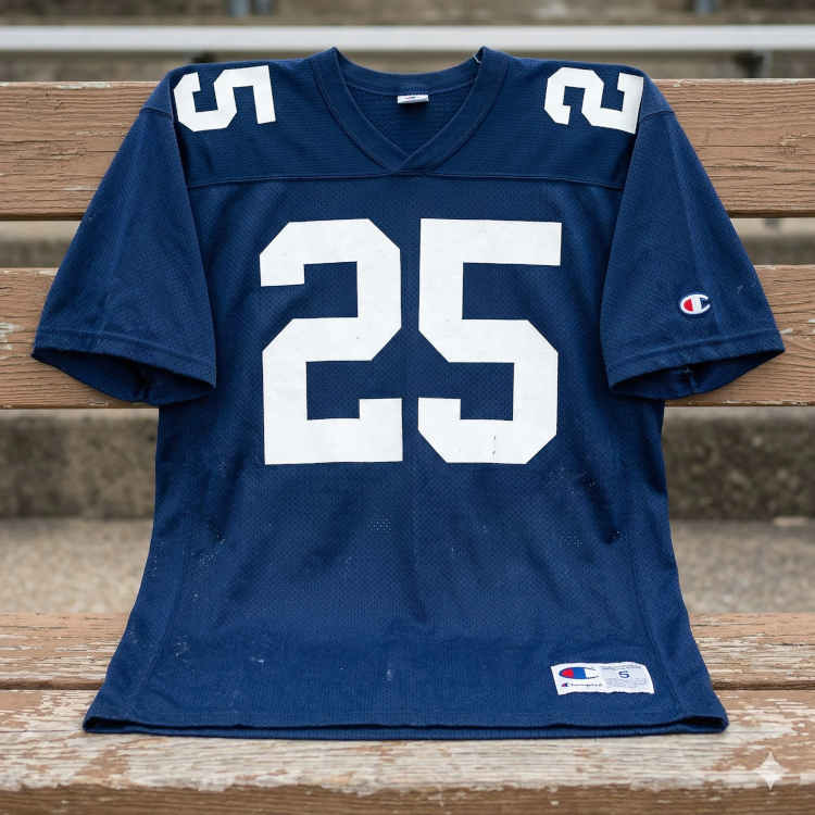 A photograph of a navy blue mesh football jersey displayed on a weathered wooden stadium bench. The jersey features the number '25' in large, white screen-printed block digits on the chest and shoulders. A white Champion jock tag is visible at the lower left hem, and the classic 'C' logo is embroidered on the left sleeve
