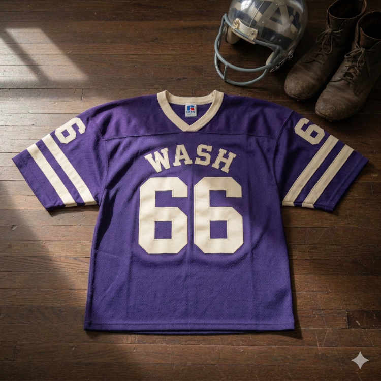 Vintage purple Washington football jersey, number 66, laid out on a wooden floor next to a silver helmet and old leather cleats.