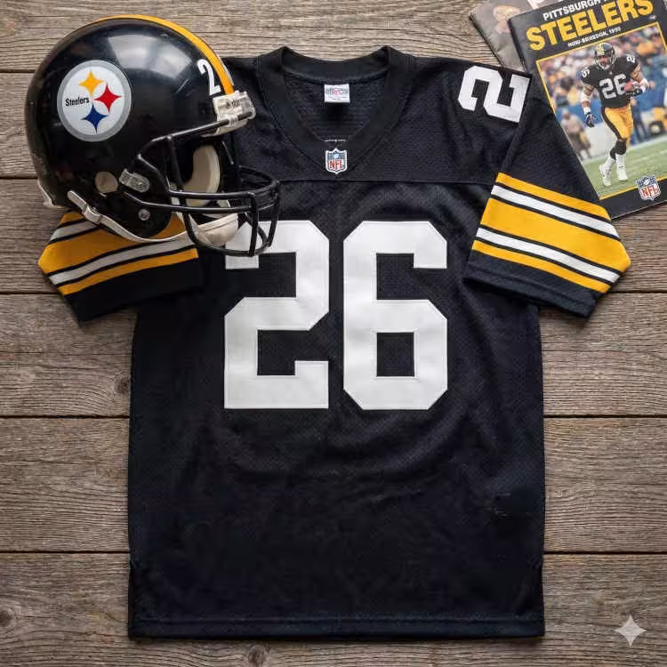 A flat-lay photograph of a black Rod Woodson Pittsburgh Steelers jersey on a rustic wooden surface. The jersey features the number '26' in large white block digits and a small NFL shield at the neckline. It is displayed alongside a modern Steelers helmet with the iconic three-diamond logo and a 1990s-era game program featuring Woodson in action.