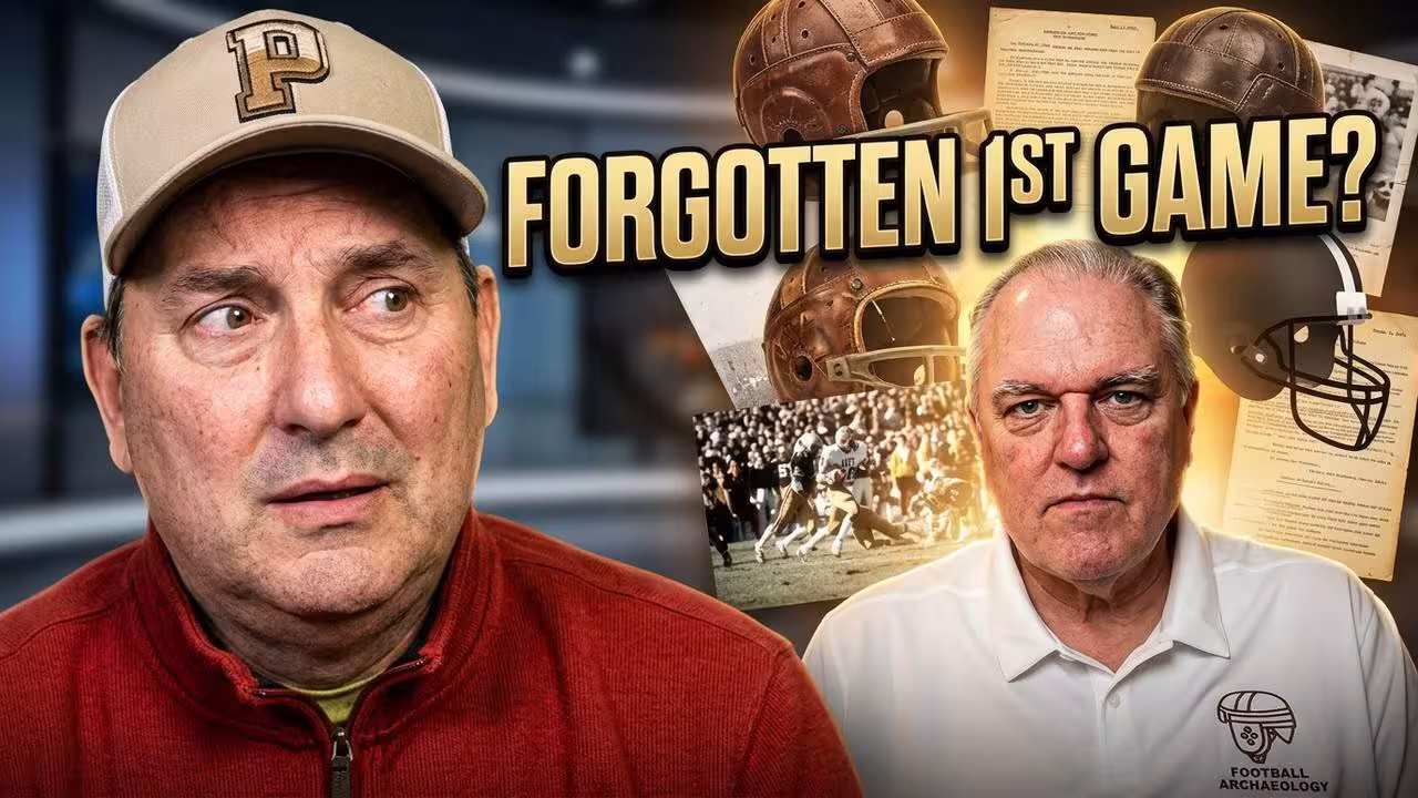 A professional YouTube thumbnail titled 'FORGOTTEN 1ST GAME?' The graphic features two men: one on the left in a red quarter-zip and a tan Purdue ('P') cap, looking off-camera with a contemplative expression; and Timothy Brown on the right in a white polo with the 'Football Archaeology' logo. Between them is a collage of vintage football artifacts, including several leather helmets, an old game-action photo, and yellowed archival documents. The background is a blurred studio setting with warm lighting.