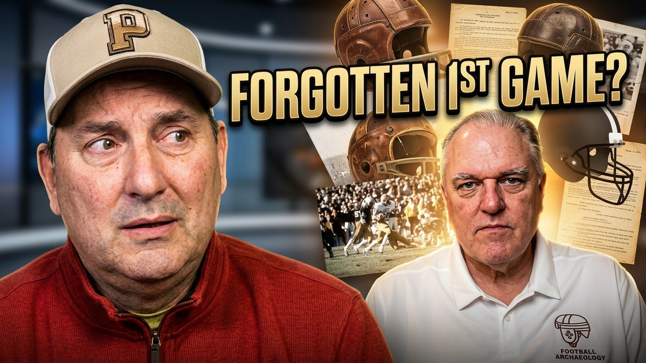 A professional YouTube thumbnail titled 'FORGOTTEN 1ST GAME?' The graphic features two men: one on the left in a red quarter-zip and a tan Purdue ('P') cap, looking off-camera with a contemplative expression; and Timothy Brown on the right in a white polo with the 'Football Archaeology' logo. Between them is a collage of vintage football artifacts, including several leather helmets, an old game-action photo, and yellowed archival documents. The background is a blurred studio setting with warm lighting.