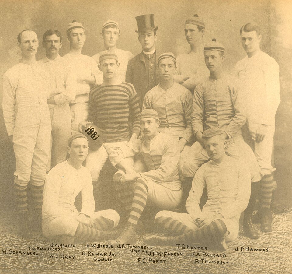 Vintage yellowed with ages black and white photograph of the 1881 University of Pennsylvania Football team.