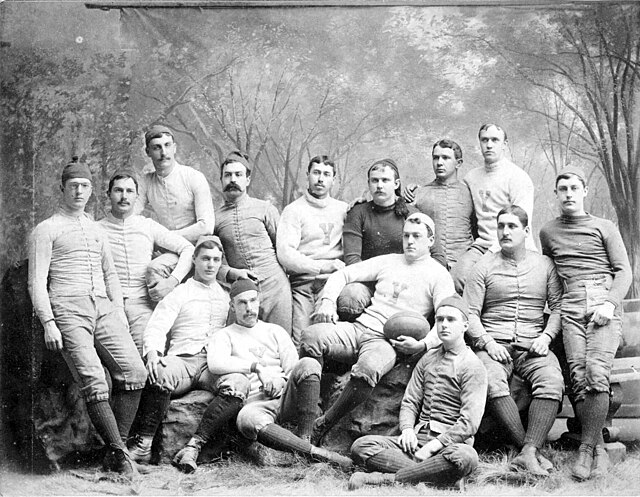 Archival 1883 Yale Bulldogs football team portrait. Black and white photo showing players in lace-up canvas smocks and wool sweaters with the block 'Y' logo. Features Captain Ray Tompkins and the unscored-upon national championship squad for historical sports research and Pigskin Dispatch archives.