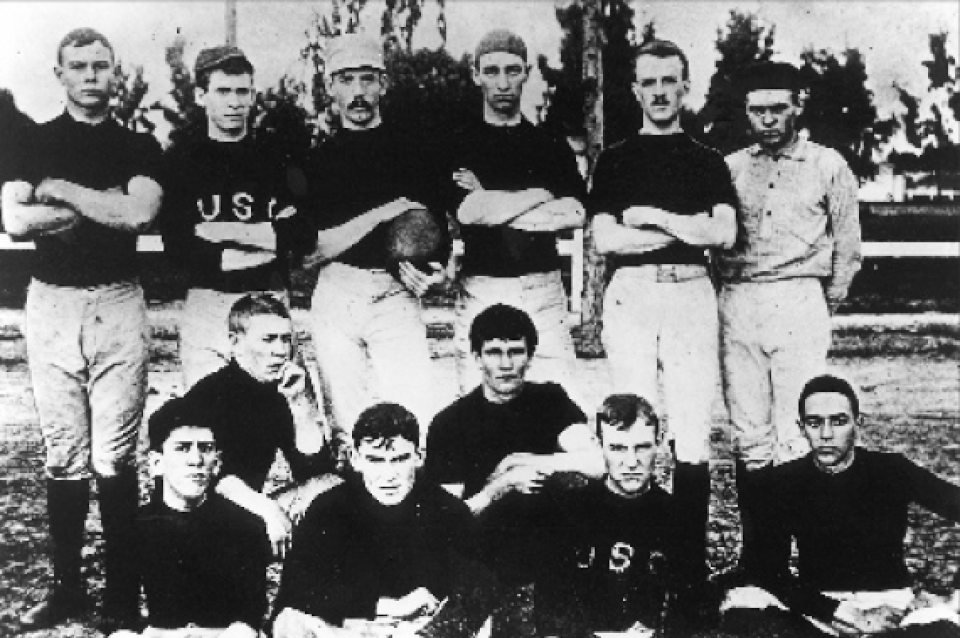 Vintage black and white team photo of USC 1888.